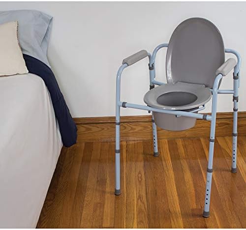 Carex 3-in-1 Folding Bedside Commode and Raised Toilet Seat, Portable Toilet Supports Up to 300lbs, Bedside Commodes for Seniors, Adult Potty Chair with Bucket, Lid, and Splash Guard