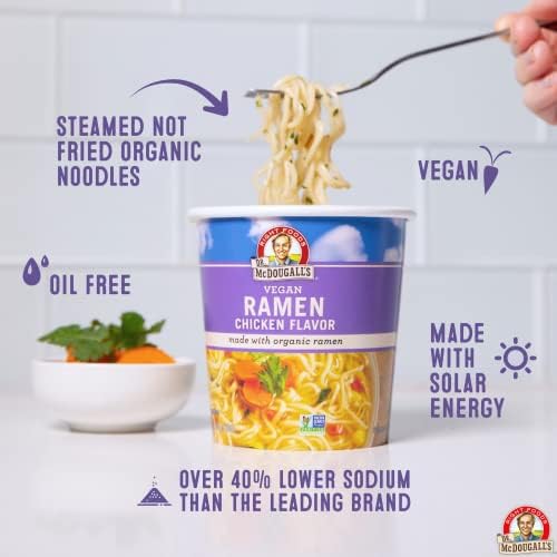 Dr. McDougall's Vegan Ramen Chicken Soup - Chicken Noodle Soup - Instant Ramen Noodle Cups - Oil-Free, Non-GMO, Organic - 1.4 Ounces - Pack of 6