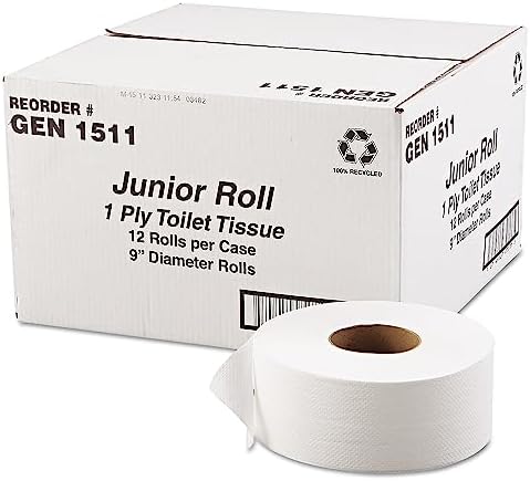 GEN 1511 JRT Jumbo Bath Tissue, 1-Ply, White, 9-Inch Dia, 12 Rolls/Carton