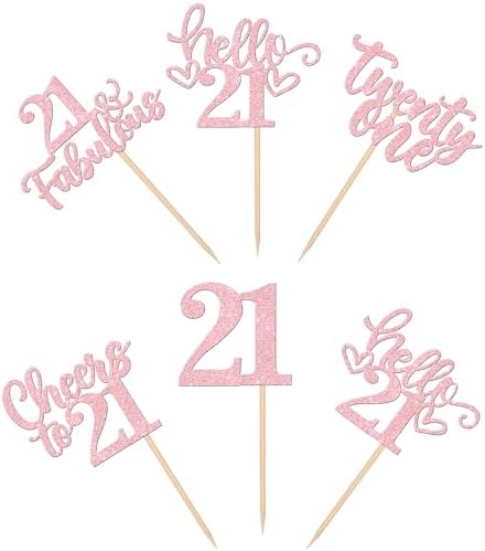30 PCS Happy 21st Birthday Cupcake Toppers Glitter Twenty One Hello 21 Cupcake Picks 21 & Fabulous Cheers to 21 Years Cake Decorations for 21st Birthday Anniversary Party Supplies Pink