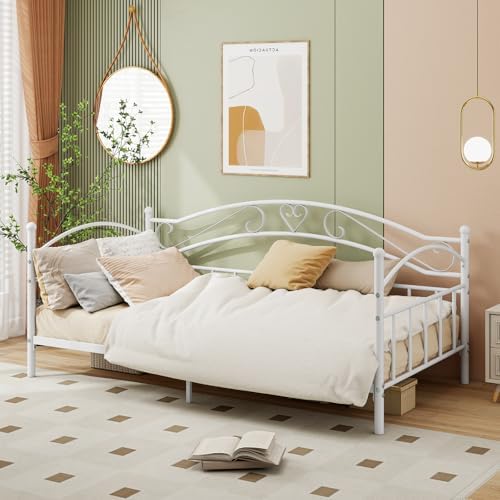 Giantex Metal Twin Daybed, Modern Sofa Day Bed with Stylish Headboard & 12 Metal Slats Support for Living Room, Bedroom, Guest Room, No Box Spring Needed, White