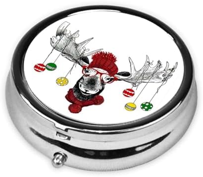 Funny Christmas Moose Printed Round Travel Pill Box Cute Small Metal Pocket Pill Case for Men & Women 3 Compartment Portable Pill Organizer for Purse or Pocket