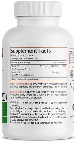 Bronson Vitamin K2 (MK7) with D3 Supplement Non-GMO Formula 5000 IU Vitamin D3 & 90 mcg K2 MK-7 Easy to Swallow D & K Complex, 120 Capsules