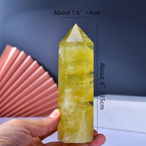 Large Citrine Healing Crystal Towers 5.9" -6.1" Natural Crystal Wand 6 Faceted Chakra Crystal Point Reiki Meditation Therapy Home Decoration Gift (1-1.2lb)