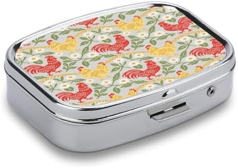 Chicken and Rooster Pill Box 2 Compartment Decorative Metal Pill Case for Pocket Or Purse Travel Portable Medicine Box Pill Container Organizer for Vitamins Fish Oils Supplements