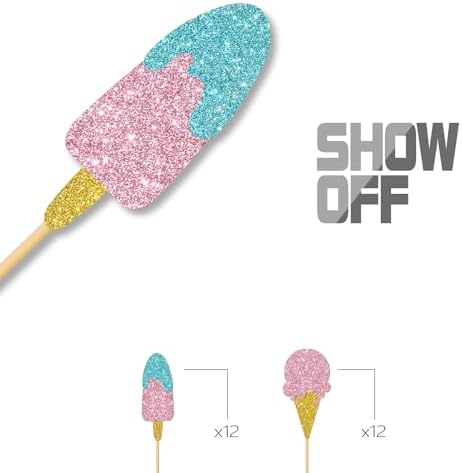 MonMon & Craft Ice Cream Cupcake Toppers/Girl Birthday Cupcake Toppers/Baby Shower/Summer Birthday Sign Party Cupcake Decor Glitter 24 Pcs