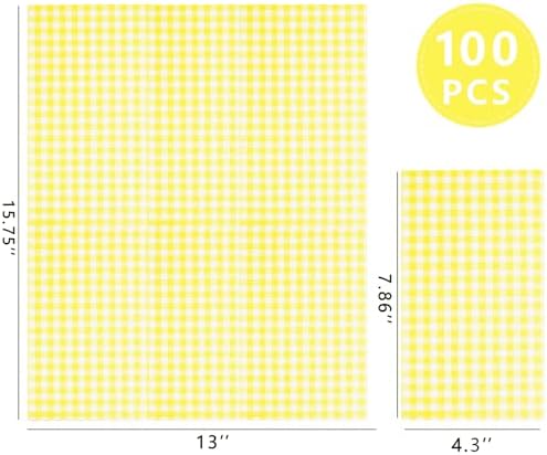 WDF 150Pack Yellow Checkered Napkins - 3 Ply Disposable Yellow and White Gingham Napkins, Dinner Napkins Paper for Picnic BBQ Birthday Wedding Party Easter
