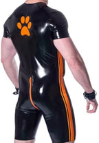 Latex Mans Catsuit Rubber Surfsuit Side Stripes Cat Paw Print Decorate Jumpsuit Uniform Bodysuit