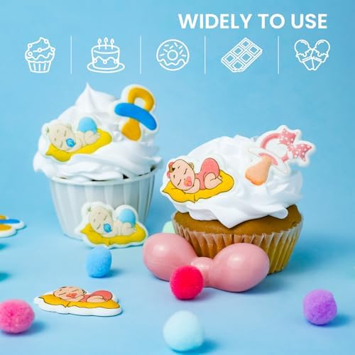 Blue Edible Baby Cake Decorations, Gender Reveal Cupcake Topper Edible, Boy Baby Shower Candy Cookies Chocolates Baking Decor, 16 pcs