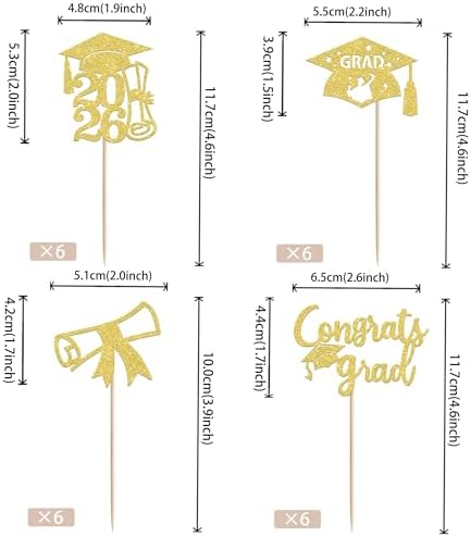 Rsstarxi 36 Pack Class of 2026 Graduation Cupcake Toppers Glitter 2026 Grad Cap Diploma Congrats Grad Cupcake Picks for 2026 Graduation Theme Party Cake Decorations Gold
