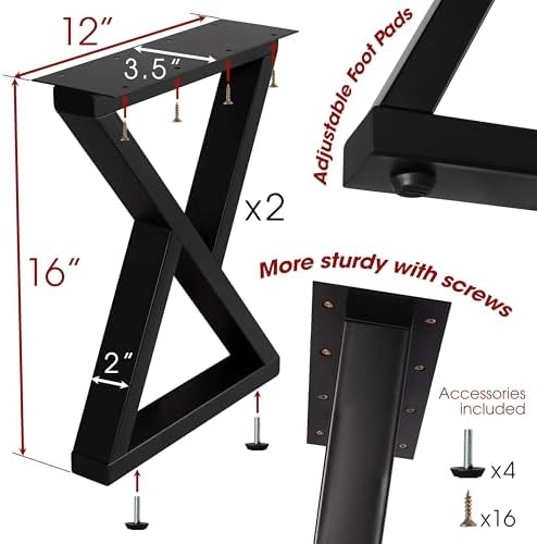 VASGOR 16-Inch Heavy-Duty Metal Table Legs (Set of 2), Black Double Triangle Design, Furniture Leg for Bench, Coffee Table, DIY Projects – Includes Screws & Floor Protectors (16" - Z Shape)