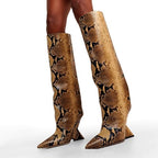 Women's Pointed Toe Wedge Heel Boots Knee High Slope Heel Pull On Boots Fashion Commuter Tall Boots