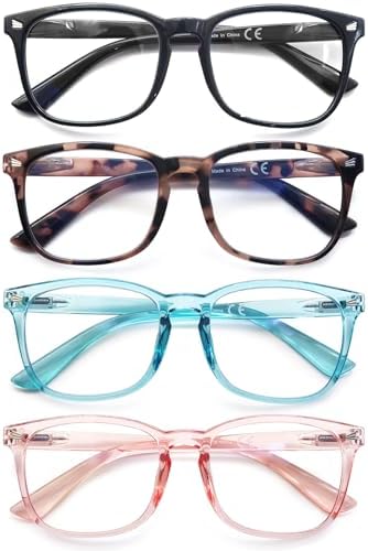 Reading Glasses Women Blue Light Blocking Lightweight Computer Readers +0.75 Square Cheaters Reading Glasses 4 Pack Anti Glare Reduce Eyestrain Protect Eyes