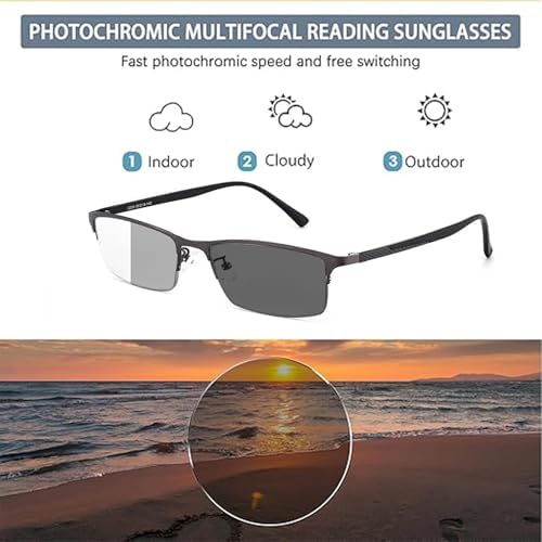 Intelligent Dual Focus Reading Glasses, Photochromic Presbyopia Readers, Men Classic Rectangle Sunglasses 1.0 2.0 3.0