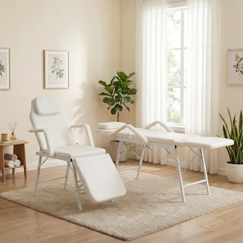 Giantex Portable Massage Bed Tattoo Chair, 73 Inch Adjustable Facial Table for Salon Beauty Spa w/Carrying Bag, Folding Spa Chair Esthetician & Lash Bed, White