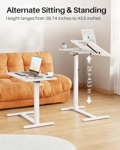 Foldable Overbed Table with Wheels, Pneumatic Height Adjustable Overbed Bedside Table, Tilting Desktop Mobile Standing Desk, Rolling Laptop Desk for Bed, Sofa, or Hospital Use (White)