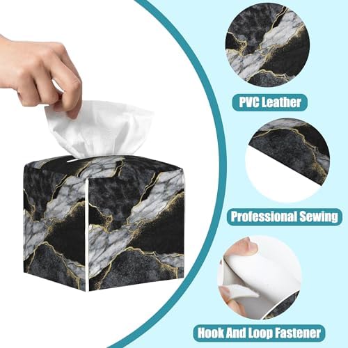Black White Marble Tissue Box Cover Square,Golden Veins Leather Tissue Holder with Bottom Belt,Facial Paper Organizer Tissue Box Cover for Home Office Bathroom Vanity Countertop,5.2" x 5.2" x 5.2"