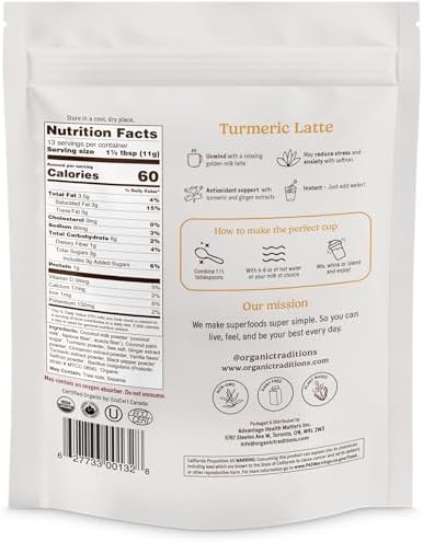 Organic Traditions Turmeric Powder Latte, Golden Milk Powder with Coconut Milk, Turmeric Extract, Saffron, Ginger Powder, Cinnamon, Lightly Sweetened, Golden Milk Drink with Probiotics, 150g / 5.3oz