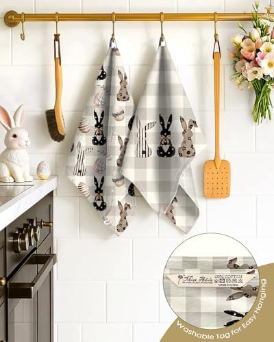 2pcs Easter Kitchen Towels - Flour Sack Tea Towels Set of 2 with Hanging Loop 18x26 Inch Spring Bunny Eggs Beige Checkered Hand Dish Cloths Reusable Dishcloths Cute Easter Decor