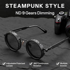 FEISEDY Adjustable Tint Sunglasses Polarized Men, 1-9 Gear Manual Dimming, Steampunk Round Metal Frame UV400 ND Filter B1400