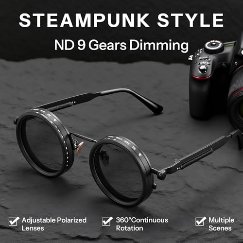FEISEDY Adjustable Tint Sunglasses Polarized Men, 1-9 Gear Manual Dimming, Steampunk Round Metal Frame UV400 ND Filter B1400