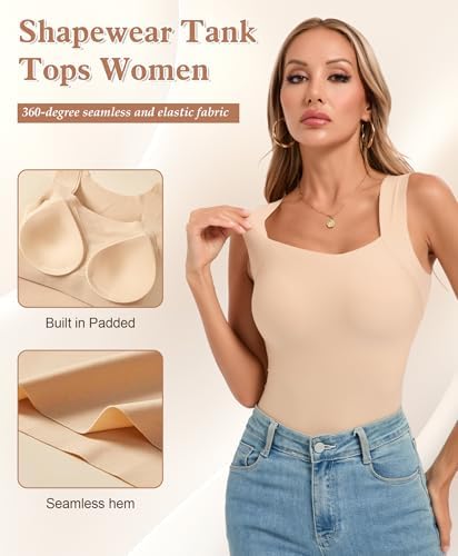 Womens U Neck Shapewear Built-in Bra Tank Top High Strechy Slim Fit Compression Camisole Workout Tops