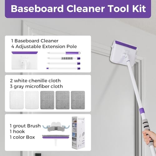 wlich Baseboard Cleaner Tool with Handle 2.0, 60" Extendable Long Handle, Dust Trapping and Locking, 5 Reusable Pads, Purple Base Boards Cleaning Tool for Moldings, Wall, Floor, Bathroom, Kitchen