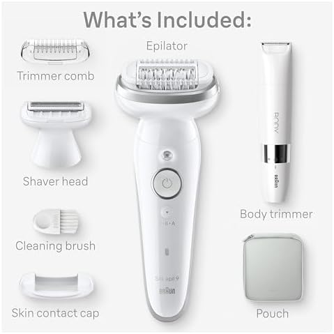 Braun Silk-épil 9 Epilator, Pivoting Head, Wet and Dry, Includes Body Trimmer, Shaver Head and Trimmer Comb, SES9-441