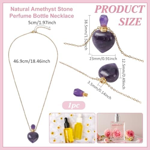 PH PandaHall Natural Amethyst Perfume Bottle Necklace, Heart Shape Essential Oil Diffuser Bottle Real Amethyst Crystal Stone Necklace Golden Chain for Women Jewelry, Purple, 1 Piece