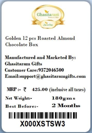 Ghasitaram Gifts Valentines Gift Valentines Day Chocolates for Girlfriend/Boyfriend/Husband and Wife Valentines Special Chocolate Valentines Gifts - Golden 12 pcs Roasted Almond Chocolate Box