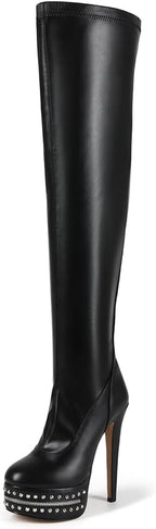 Feinlina Women's Over Knee High Stiletto Platform Boots Sexy Black Leather Thigh High Heel Boots with Studded Zipper
