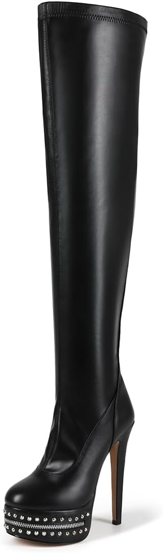 Feinlina Women's Over Knee High Stiletto Platform Boots Sexy Black Leather Thigh High Heel Boots with Studded Zipper