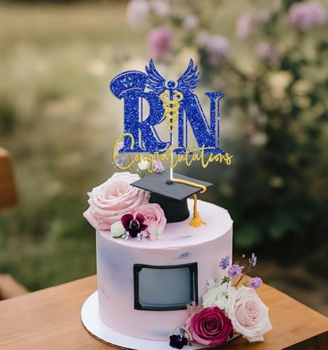 Congratulations RN Cake Topper, 2026 RN Graduation Decorations, Nursing School Survivor, Look at You Becoming A Nurse - Future Nurse Decorations Blue & Gold Glitter