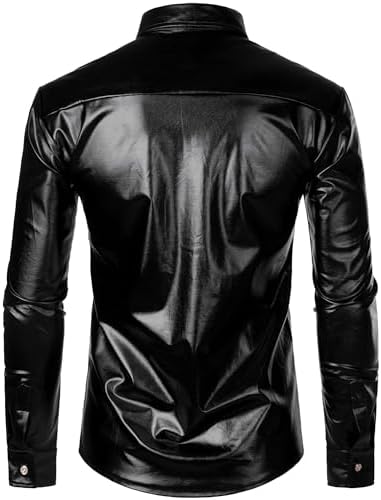 ZEROYAA Men's Shiny Metallic Sequin Long Sleeve Button Down Shirts for Halloween Cosplay Party