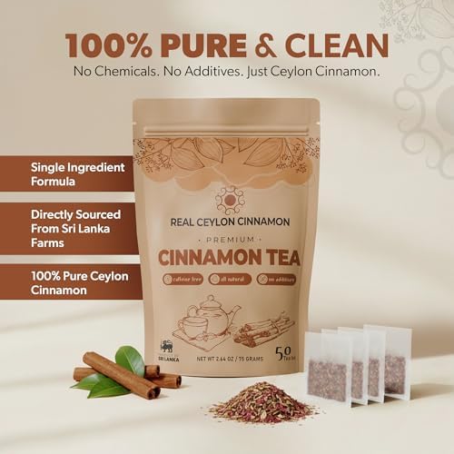 100% Ceylon Cinnamon (50 Tea Bags) – Sourced from Sri Lanka Unlike Other Brands - True Ceylon Cinnamon Herbal Tea & Light Flavor - No Additives & Caffeine Free