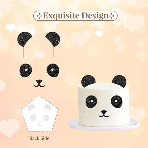 Panda Bear Cake Topper, Panda Birthday Cake Decor, Black Glitter Cute Panda Ears Cake Topper for Baby Shower, Zoo Animal Party Decoration