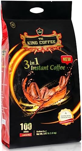 TNI King Coffee 3 in 1 Instant Vietnamese Coffee, 100 Single Serve Packets - Individual Pocket Size Sachet Sticks - Blended with Coffee, Cream Powder and Sugar - Bulk Size Pack