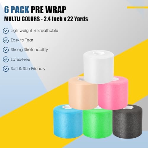 Pre Wrap Athletic Tape 6 Pack, 2.4 Inch x 22 Yards Foam Underwrap Bandage, Foam Underwrap Sports Tape for Ankle Wrist Knee Elbow Hair Soccer, Black