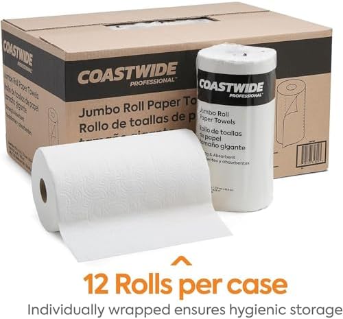 Professional Jumbo Kitchen Paper Towels - 2-Ply, Absorbent, 250 Sheets per Roll, 12-Pack, White for Cleaning & Drying