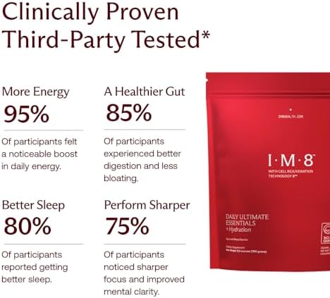 IM8 Daily Ultimate Essentials All-in-One Multivitamin Supplement Powder Bag, 92 Nutrient Rich Ingredients CoQ10, Probiotics, Vitamins, Greens, Gluten Free, Vegan, Acai Mixed Berry, 12.5oz, 30 Servings