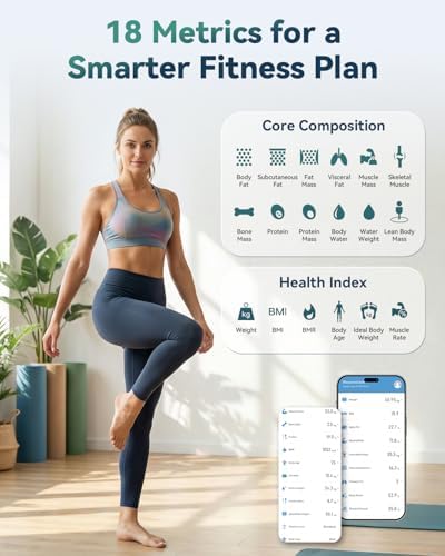 YUHUO Smart Scale for Body Weight, 4-Electrode BIA Body Composition Scale with High Precision, Large LED Display, Digital Bathroom Scale for BMI, Body Fat, Muscle Mass, 18 Metrics Sync APP, 400lb