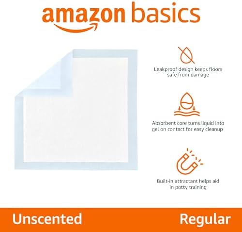 Amazon Basics Leak-Proof Dog and Puppy Potty Training Pee Pads with Quick-Dry 5-Layer Super Absorbent Surface for Dog Training, Floor Protection, Regular Size 22x22", Blue & White, 50 Count