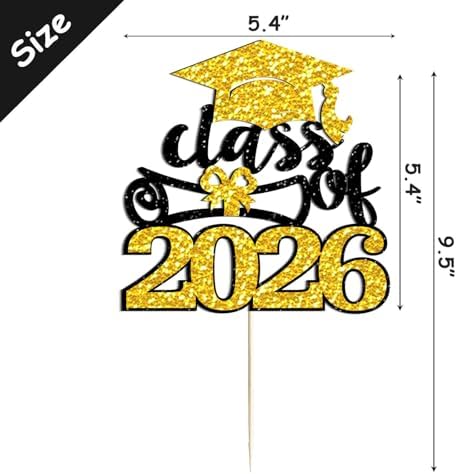 Black Gold Glittery Class of 2026 Cake Topper - Congrats Grad Senior High School/University Graduation/College/So Pround of You/2026 Graduation Party Cake Supplies Decorations