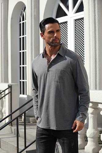Men's Casual Polo Shirts Classic Long Sleeve Basic Button T-Shirt Lightweight Cotton Golf Tops with Pocket