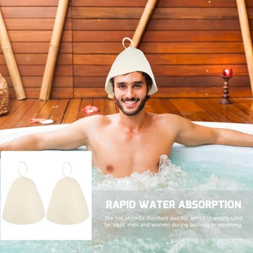 2pcs Felt Bath Hat Wool Sauna Hat Water Absorption Bath Hair Cap Shower Bathing Caps Cover with Loop for Sauna Dry Steam Room Accessories White