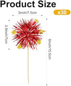 Foil Firework Cupcake Toppers, 30 PCS Red Birthday Cupcake Toppers Cake Decorations, Sparkle Tinsel Star Cupcakes Picks for Valentine's Day, Wedding, Engagement, Birthday Party Decorations Supplies