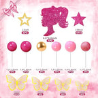 Hot Pink Girl Cake Toppers 47pcs Ball Cake Decorations with Pink Gold Balls Shiny Stars for Glitter Girl Princess Theme Wedding Baby Shower Birthday Party Supplies