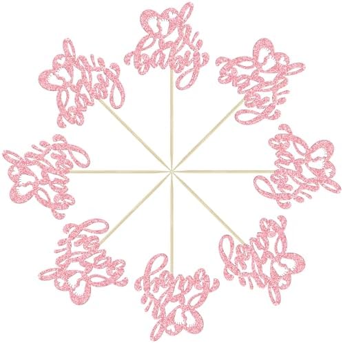 Ephlyn 24Pcs Happy Valentine's Day Cupcake Toppers Glitter Heart Baby Feet Oh Baby Cupcake Picks for Love Valentine's Day Theme Baby Shower Birthday Party Cake Decorations Supplies Pink