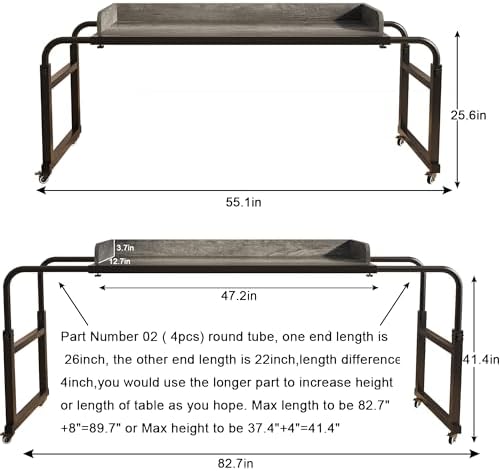 TigerDad Overbed Table with Wheels Overbed Desk Over Bed Desk King Queen Bed Table Overbed Laptop Table Over Bed Table with Wheels((Gray)