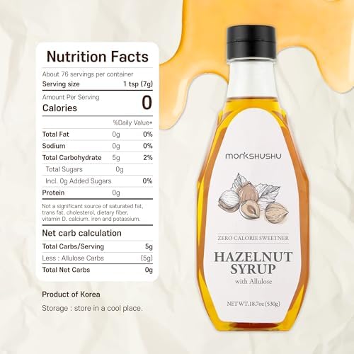 MONKSHUSHU Hazelnut Allulose Syrup 18.7 Fl Oz for coffee, drinks - Keto Diet, Vegan friendly, Diabetes-Safe - Zero Calorie, Liquid type Sugar Substitute - Monk Fruit - Gluten Free, 0g Net Carbs